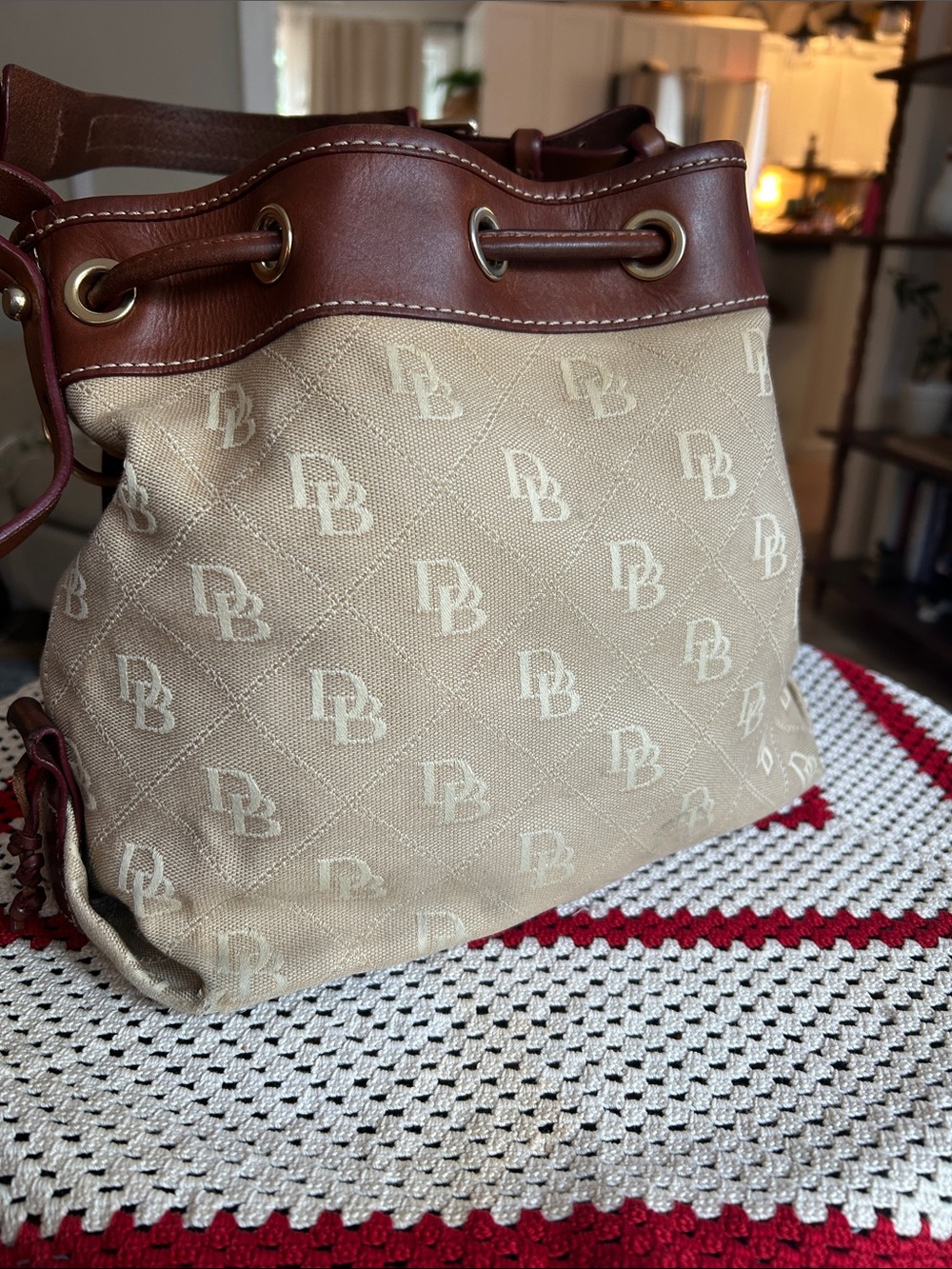Dooney & Bourke Tan and Brown Logo Drawstring Shoulder Bag - Picture 5 of 9